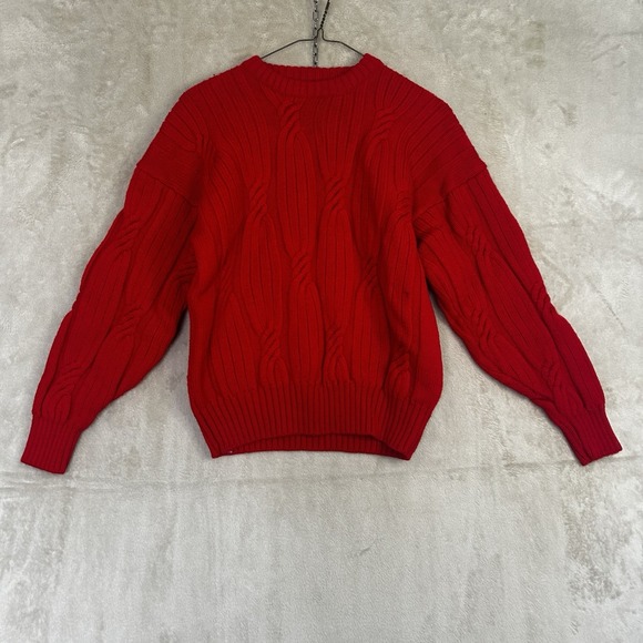 Demetre Mens M Sweater Red Cable Knit 100% Pure Virgin Wool Crew Neck Vintage